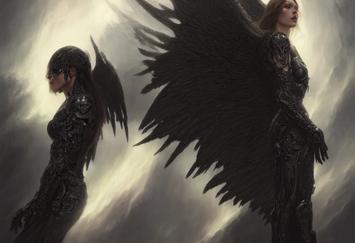 Image similar to detailed portrait of a big dark angel spread wings, diffuse lighting, scifi fantasy, intricate, highly detailed, lifelike, photorealistic, digital painting, artstation, illustration, concept art, smooth, sharp focus, art by john collier and albert aublet and krenz cushart