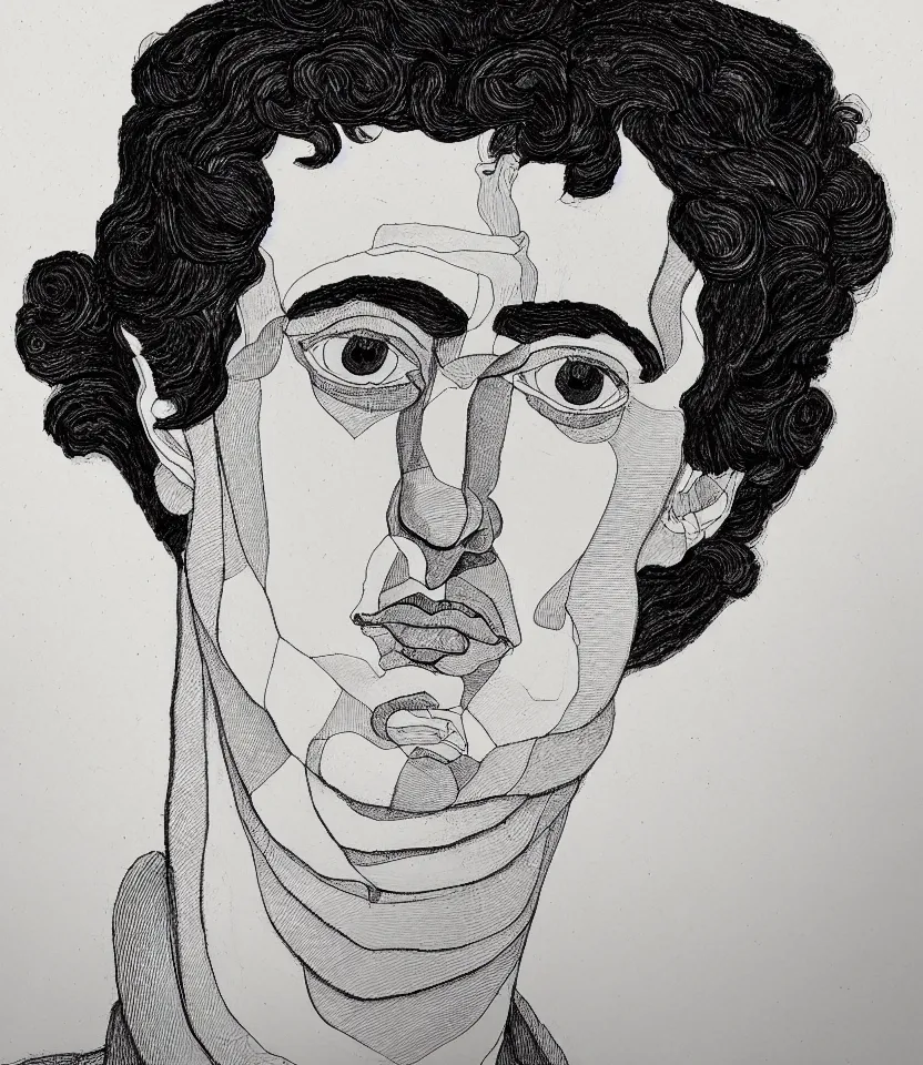 Image similar to detailed line art portrait of lord byron, inspired by egon schiele. caricatural, minimalist, bold contour lines, musicality, soft twirls curls and curves, confident personality, raw emotion