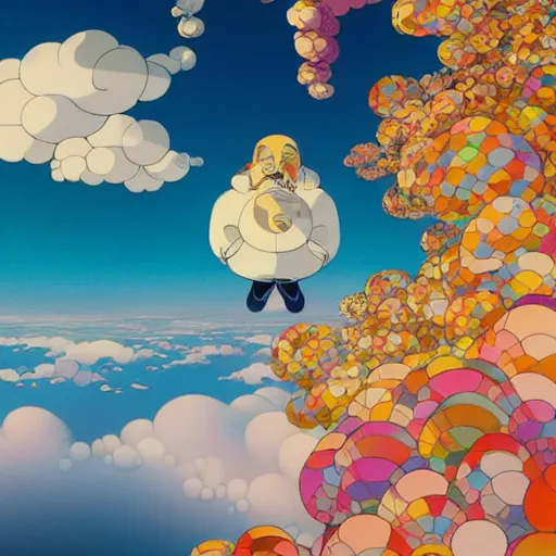 Image similar to a man walking on clouds above kyoto by takashi murakami, beeple and james jean, aya takano color style, 4 k, super detailed