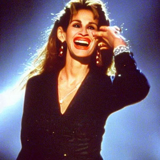 Image similar to Julia Roberts as Selena singing!! on a stage, 1995 movie, cinematic, beautiful!!!, elegant, symmetrical!! face