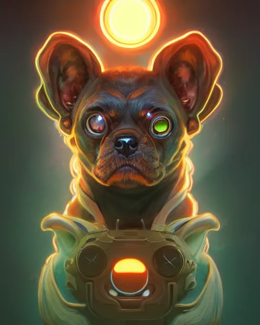 Prompt: one singular portrait of a cute bioluminescent dog-man with large glowing eyes, highly detailed, digital painting, cinematic, hyper realism, dark retrowave, art by Stanley Lau and Artgerm and magali villeneuve and Alphonse Mucha, artstation, octane render, cgsociety
