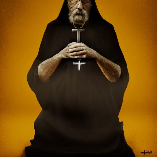 Image similar to An old catholic priest in black garbs kneeled in fervent prayer. His eyes are wide open with fear. Ominous dramatic yellow lighting. Overhead view, award-winning digital art, trending on ArtStation