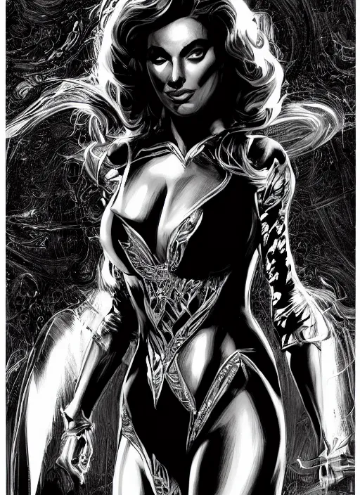 Prompt: portrait, queen of eternal beauty and Power, black and white comic panel, cover Art, Dynamic lighting, cinematic, establishing shot, extremely high detail, photo realistic, cinematic lighting, pen and ink, intricate line drawings, post processed, concept art, artstation, matte painting, midjourney, style by alex ross, neal adam