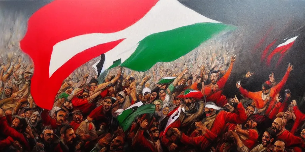 Image similar to dramatic oil painting of freedom for palestine, red green white black