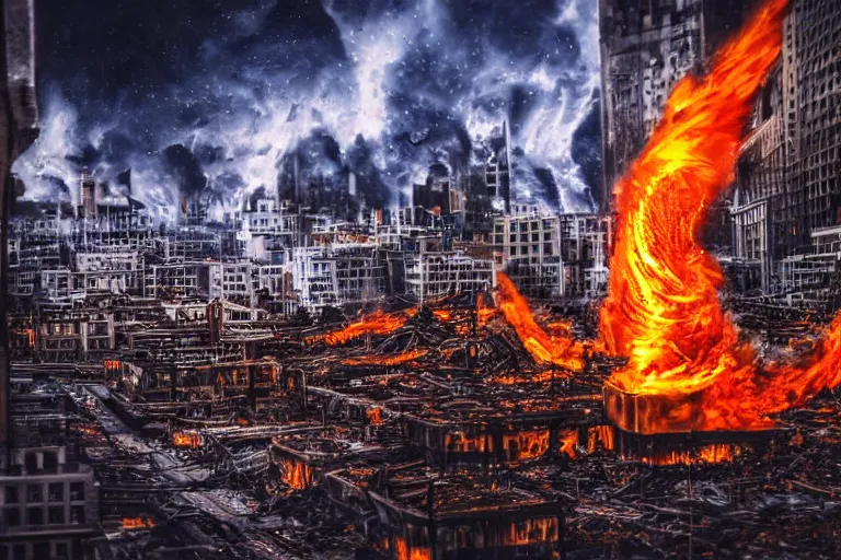 Image similar to destructive fire tornado in the city, photorealistic, highly detailed, sharp focus, vivid, colorful, symmetrical, random, convoluted, mind - blowing, creative, fully functional, end of the world, physics defying, amazing, global warming, night sky