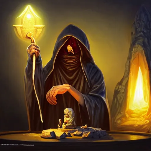 Image similar to a hooded cultist is stabbing a banana placed on an altar, in front of a stone statue of a forgotten god, by patrick mcenvoy and michael komarck and fantasy flight, incredible quality, trending on artstation