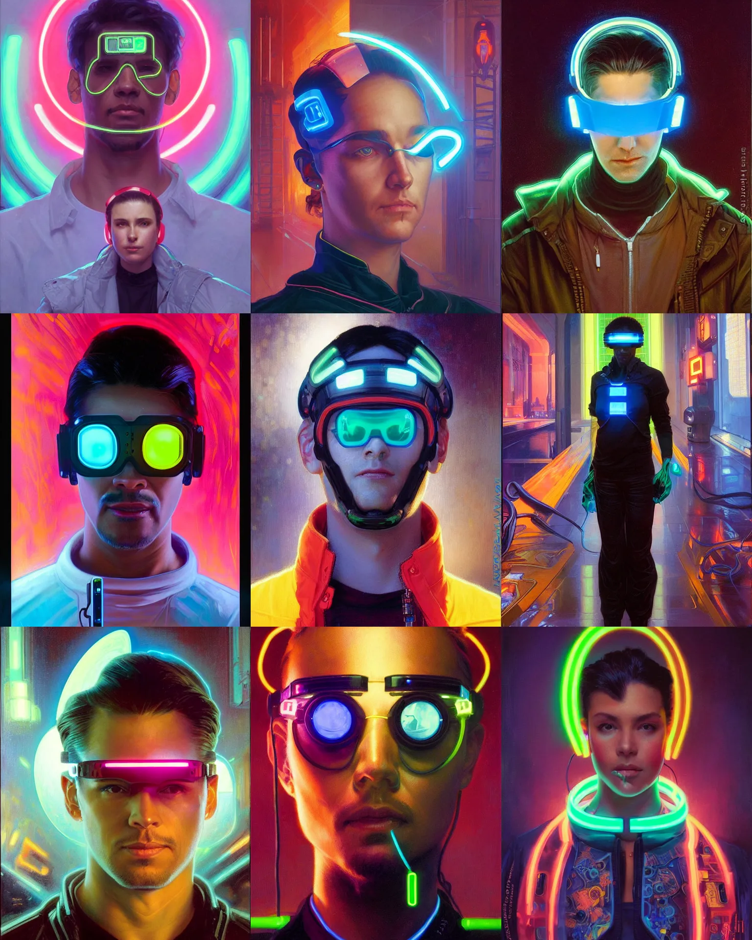Prompt: neon cyberpunk hacker with glowing geordi visor over eyes and airpods headshot portrait painting by donato giancola, rhads, loish, alphonse mucha, mead schaeffer fashion photography