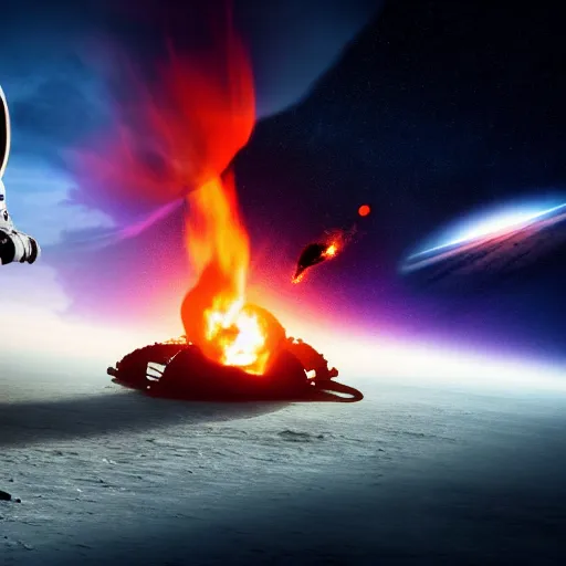 Image similar to astronaut stranded on planet, destroyed ship that is crash landing, exploding planet in background, fire, white smoke, impending fear, 4 k, dystopian, lonely, isolated space station in space, sci - fi, crash landing, asteroids.