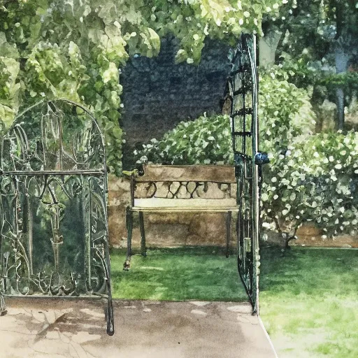 Image similar to out of focus, delicate, chairs, garden, paved, botanic watercolors, iridescent, 8 k, realistic shaded, fine details, artstation, italian, iron gate, tree, mediterranean