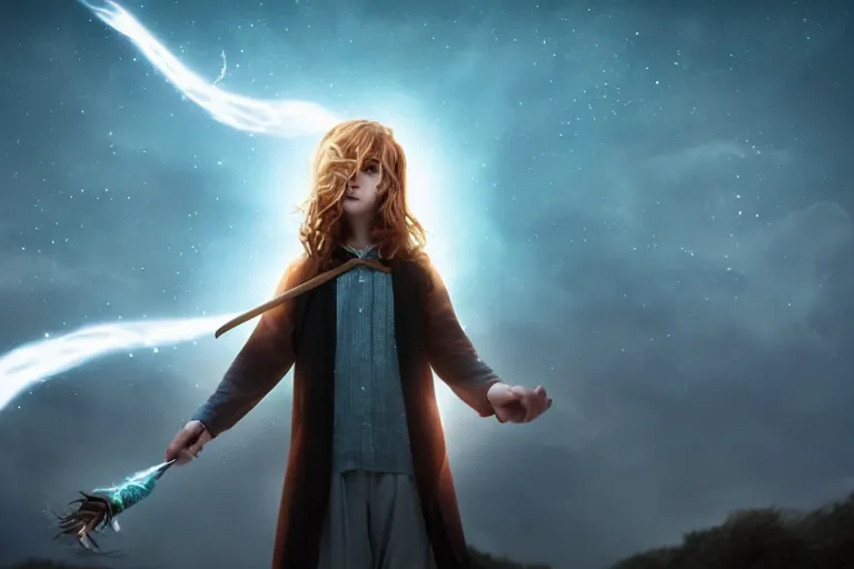 Image similar to a young adult wizard with very detailed face, hair clothes and shoes points their wand fiercely from which a blast of bright magic flies from the end of the wand, on an empty moonlit hill, dramatic lighting, lens flare, cinematic photography