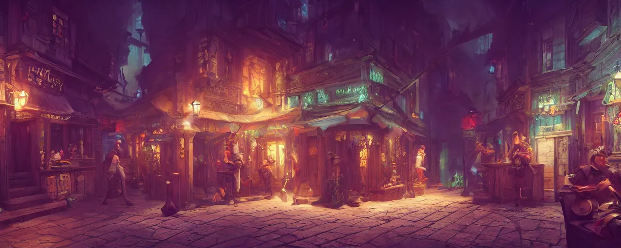 Image similar to tavern bard infront of tiny, narrow dark streets with exotic dancers, exterior, two stories, vaporwave aesthetics, 8 k uhd, unreal engine, octane render in the artstyle of finnian macmanus, john park and greg rutkowski