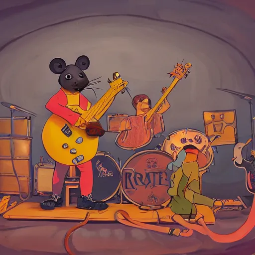 Image similar to rats playing in a rock band inspired by the beatles, inside a wooden house, style by disney, studio ghibli, pixar, intricate, highly detailed, digital painting, artstation, concept art, 7 0 s pallete, high quality, trending on artstation