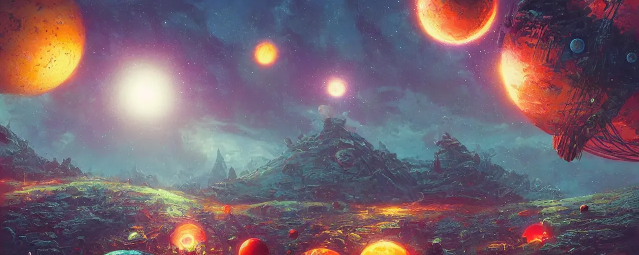 Image similar to ” outer planet made of jelly, [ art by paul lehr, cinematic, detailed, epic, widescreen, opening, establishing, mattepainting, photorealistic, realistic textures, octane render ] ”