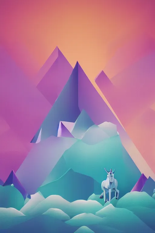 Prompt: geometric 3 d render, soft bright pastel, unicorn in the middle, mountains surrounding, rule of thirds