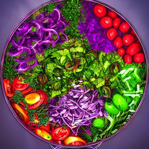 Prompt: Photorealistic magic super salad. Hyperdetailed photorealism, 108 megapixels, amazing depth, glowing rich colors, powerful imagery, psychedelic Overtones, 3D finalrender, 3d shading, cinematic lighting, artstation concept art