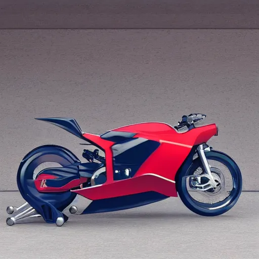 Prompt: prototype, futuristic touring motorbike, show room in background, symmetrical mechanical features, slick tires, designed by professional, smooth curvatures, brushed red and blue paint, hard surfaces modelling, dramatic lighting, hyper realistic rendering, depth of field, bokeh effect, 4 k