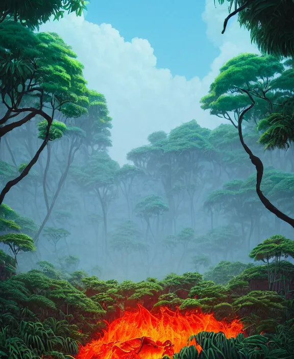 Image similar to simplicity, an simple structure made out of exotic fungus, overgrown with lush floral jungle, partly cloudy, hellscape, hell, fire, brimstone, lava, by dan mumford, yusuke murata, makoto shinkai, ross tran, cinematic, unreal engine, cel shaded, featured on artstation, pixiv