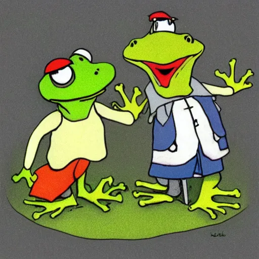 Image similar to frog and toad play metallica songs by arnold lobel