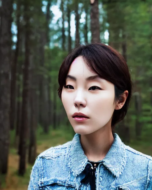 Image similar to close up portrait of an korean woman with beautiful face and modern clothes standing outside of an old cabin, forest in the background, bokeh, depth of field, dramatic lighting, cinematic, vivid colors, matte painting, vivid color scheme