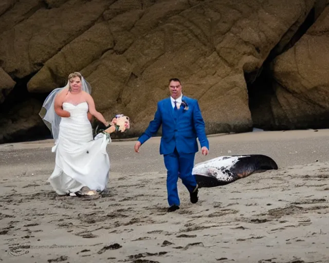 Prompt: a bride and groom walk together on a beach with a rotting dead whale, wedding photography