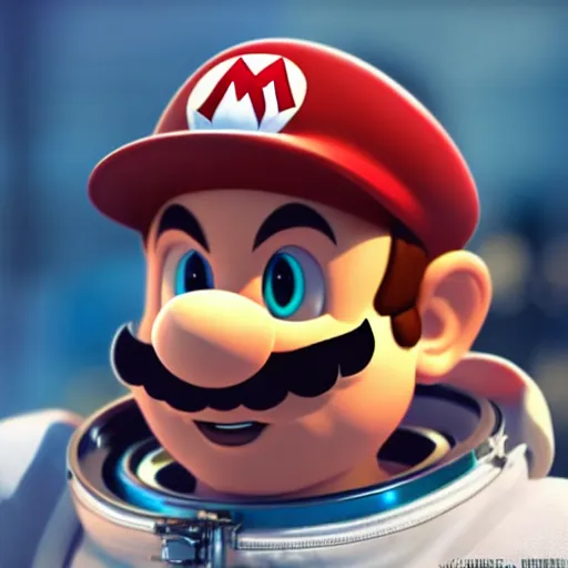 Image similar to A hyper real comic book style portait painting of Super Mario in an astronaut suit, unreal 5, hyperrealistic, octane render, cosplay, RPG portrait, dynamic lighting