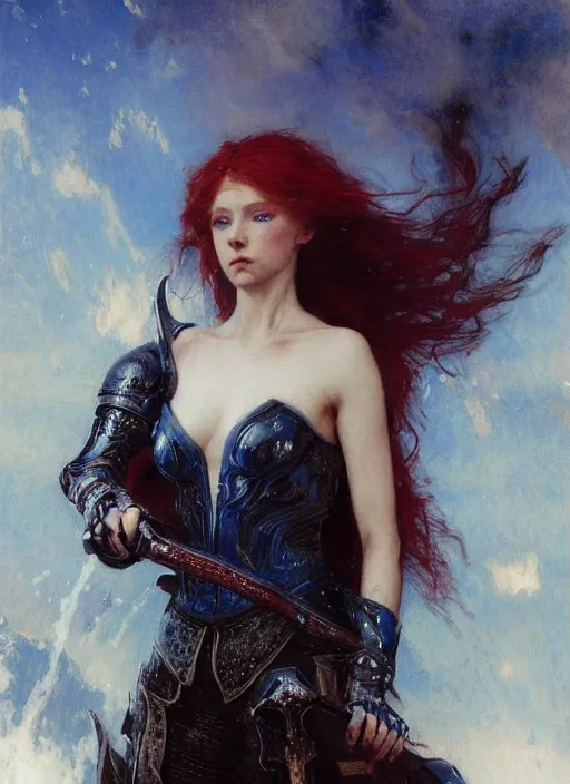 Image similar to young beautiful mischievous blue eyed redheaded woman wearing black medieval armour, detailed, by gaston bussiere, bayard wu, greg rutkowski, giger, maxim verehin, greg rutkowski, masterpiece, sharp focus, cinematic lightning