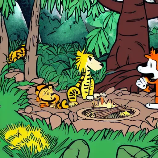 Image similar to popcorn boulders in a jungle landscape, calvin and hobbes building a campfire