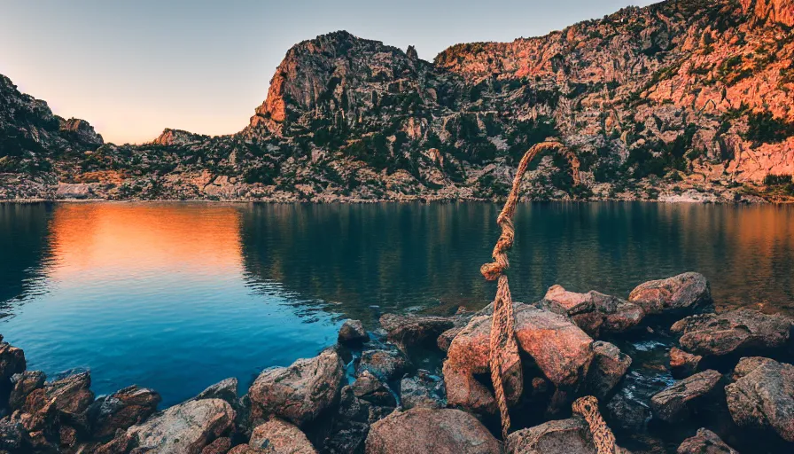 Image similar to cinematic wide shot of a lake with a rocky foreground, sunset, a bundle of rope is in the center of the lake, leica, 2 4 mm lens, 3 5 mm kodak film, f / 2 2, anamorphic