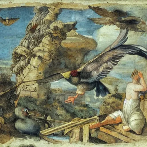 Prompt: pigeon, city, ancient land, illustration, scroll painting, mural, angelic, by annibale carracci