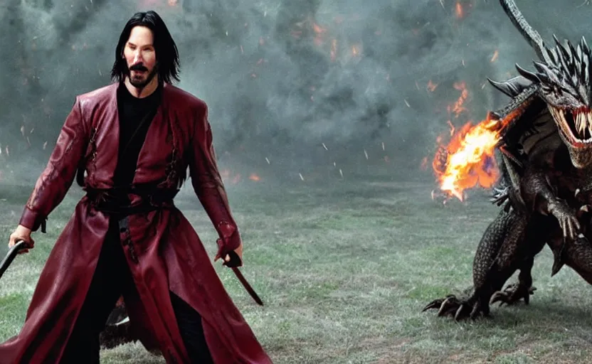 Image similar to wizard keanu reeves fighting a dragon on a fantasy battlefield