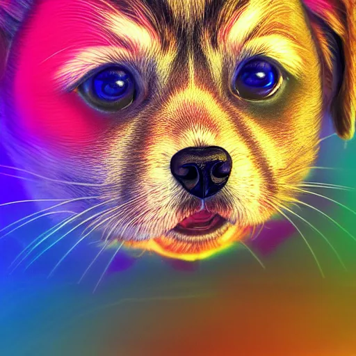 Image similar to photorealistic puppies, kittens, and rainbows. hyperdetailed photorealism, 1 0 8 megapixels, amazing depth, glowing rich colors, powerful imagery, psychedelic overtones, 3 d finalrender, 3 d shading, cinematic lighting, artstation concept art