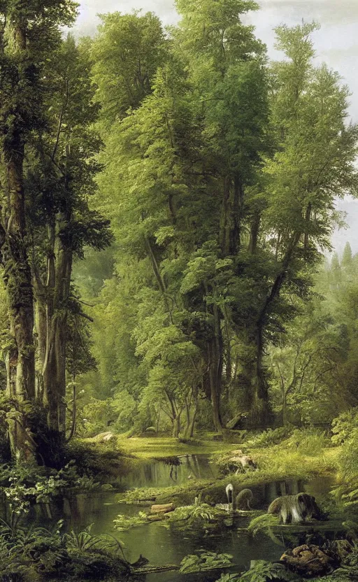 Image similar to artwork painting of a lush environment by eugene von guerard, ivan shishkin