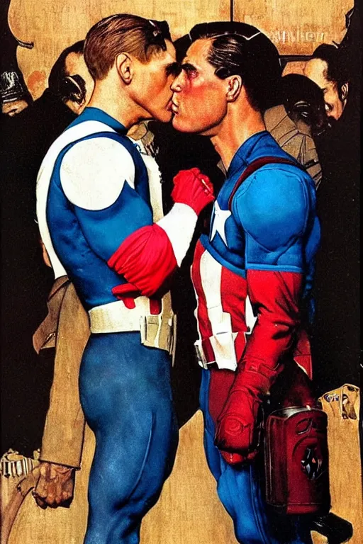 Image similar to norman rockwell painting of captain america romantically kissing captain america