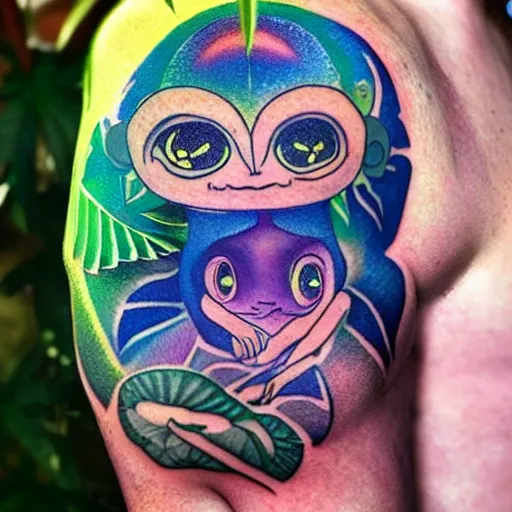 Prompt: shoulder tattoo of a multicolored meditating cute bush baby, eyes are glowing rainbow spirals, glowing chakra symbols, surrounded with colorful magic mushrooms and rainbow marihuana leaves, insanely integrate