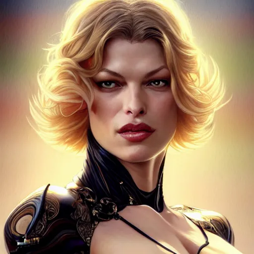 Image similar to Mila Jovovich with blonde hair as Bat Woman, western, D&D, fantasy, intricate, elegant, highly detailed, digital painting, artstation, concept art, matte, sharp focus, illustration, art by Artgerm and Greg Rutkowski and Alphonse Mucha