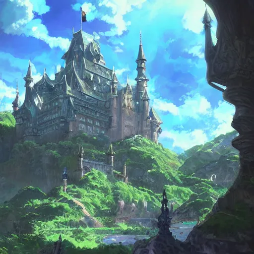 Prompt: An imposing and highly ornamented fantasy castle, Carved from Sapphire stone, Atmosphere, Dramatic lighting, Beautiful Landscape, Epic composition, Wide angle, by Makoto Shinkai