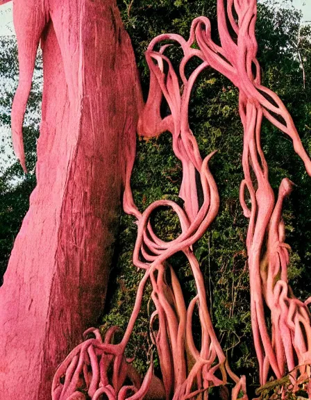 Image similar to vintage color photo of a giant 1 1 0 million years old abstract sculpture made of liquid pink gold covered by the jungle vines