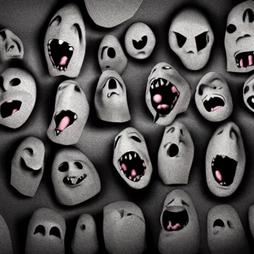 Image similar to dark wall shaped with multiple screaming faces of ghosts trapped inside it. photoreal. unreal render. cinematic. ominous shapes. haunted