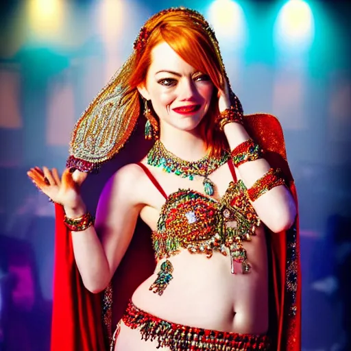 Prompt: a beautiful portrait of emma stone as a belly dancer, arabian night, high quality, fully detailed, 4 k