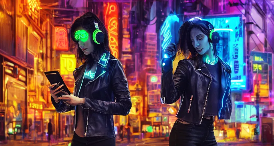 Image similar to A woman wearing LED headphones, a leather jacket, crop top and jeans checking her phone on a neon-lit cyberpunk city street, digital art