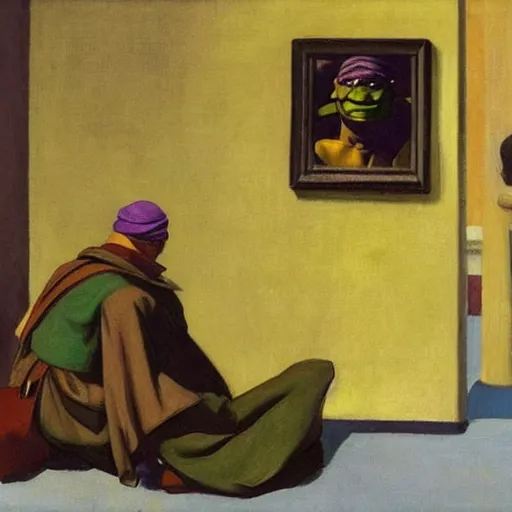 Prompt: donatello from the teenage mutant ninja turtles in a painting by edward hopper, friendly