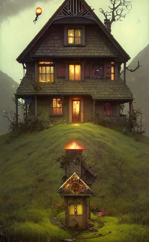 Image similar to a hyper realistic witchy cottage with solar panels on a tall hill, mountains, atmospheric lighting, lush foliage, painting by chiara bautista and tom bagshaw, mucha, beksinski and norman rockwell and greg rutkowski weta studio, and lucasfilm