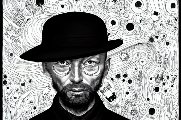 Image similar to A portrait of Thom Yorke as a cyberpunk wearing a bowler hat, iridescent highlights, background by Joe Fenton, highly detailed, intricate, soft, sci-fi, sharp focus, glowing lines, art by artgerm