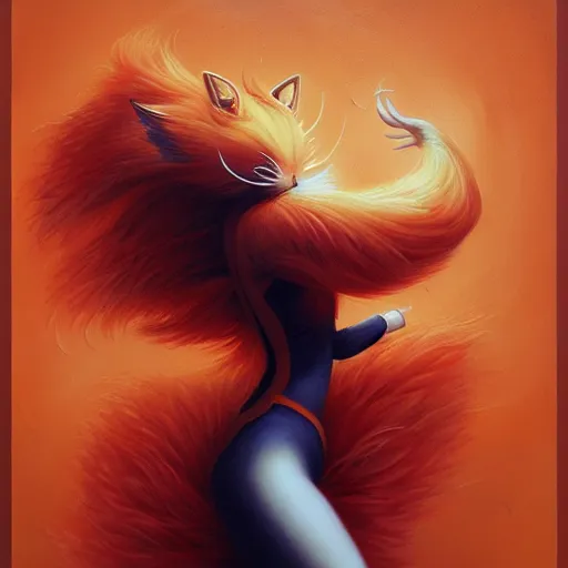 Image similar to prompt A beautiful red orange fluffy kumiho, Peter Mohrbacher