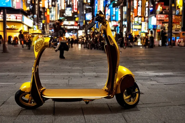 Prompt: a scooter made of gold in the streets of Tokio at night