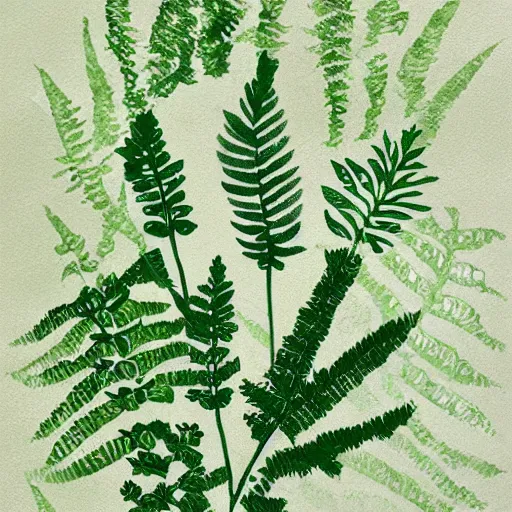 Prompt: abstract, art print, lithography, green, beige, white, fern