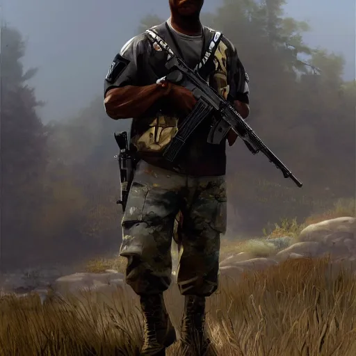 Image similar to A black man in a US military outfit in a grand theft auto 5 loading screen , art by Albert Bierstadt and James Gurney, highly detailed, digital painting, matte painting, concept art, illustration, oppressive lighting, trending on artstation, very detailed