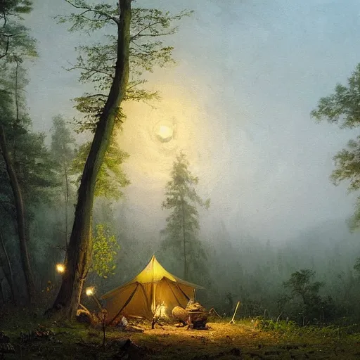 Prompt: an oil painting of a forrest at dusk with a moonlight clearing and fireflies and an abandoned tent. By carl spitzweg tuomas korpi and greg rutkowski