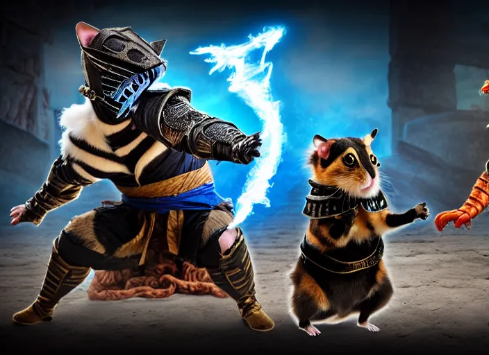 Image similar to hamster dressed as scorpion fights a cat dressed as sub zero in mortal kombat on the background of an ancient temple with a giant shao kahn laughing. fantasy magic style. highly detailed 8 k. intricate. lifelike. soft light. sony a 7 r iv 5 5 mm. cinematic post - processing