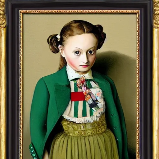 Image similar to little girl wearing an gucci's outfit. art made by artgem, inspired by balthus, highly detailed, realistic,